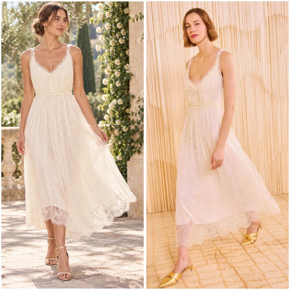 Ulla Johnson Alyse Ivory Chantilly Lace V-Neck Midi Dress Size 4